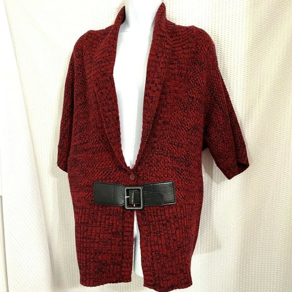 Red Black Belted Short Sleeve Sweater Size XL - Picture 1 of 5